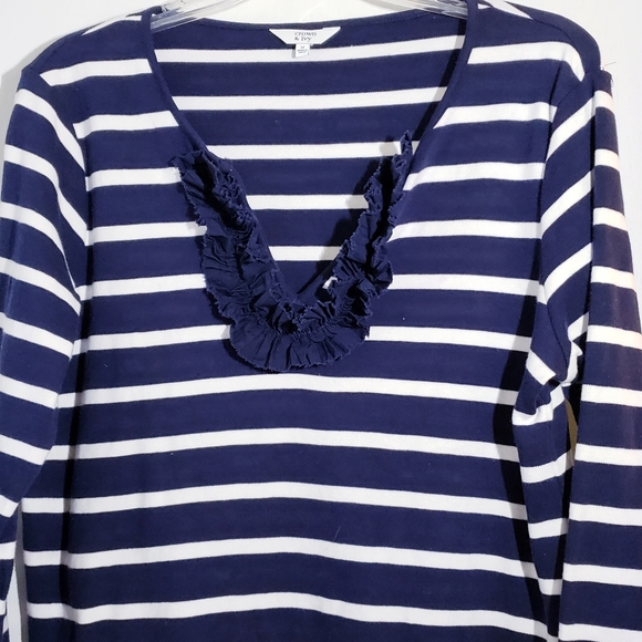 Navy & White Striped Top w/Ruffled Neck line - Picture 2 of 5
